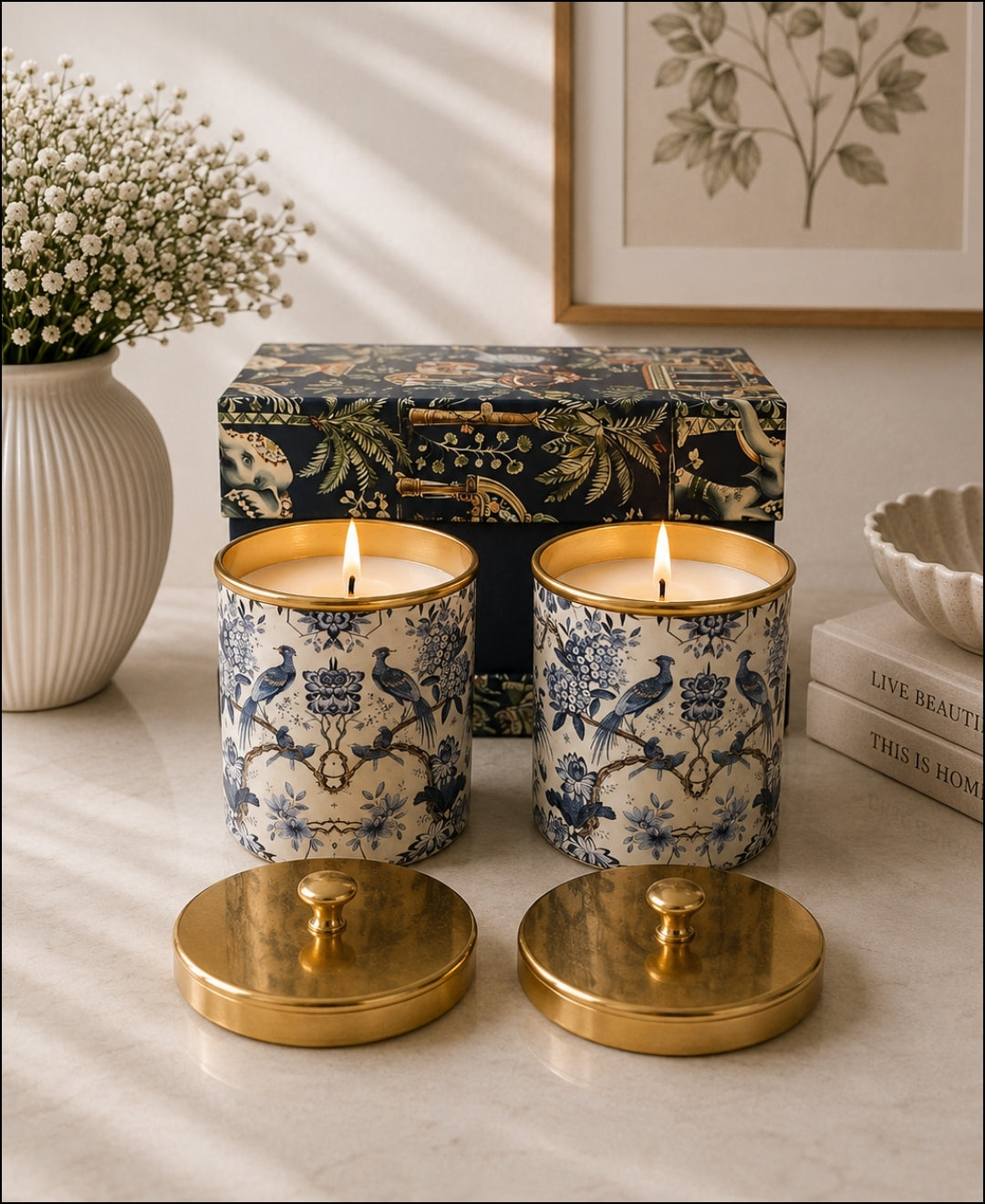 Royal Blue Aviary Gold Knob Lid Premium Gift Candle – Set of 2