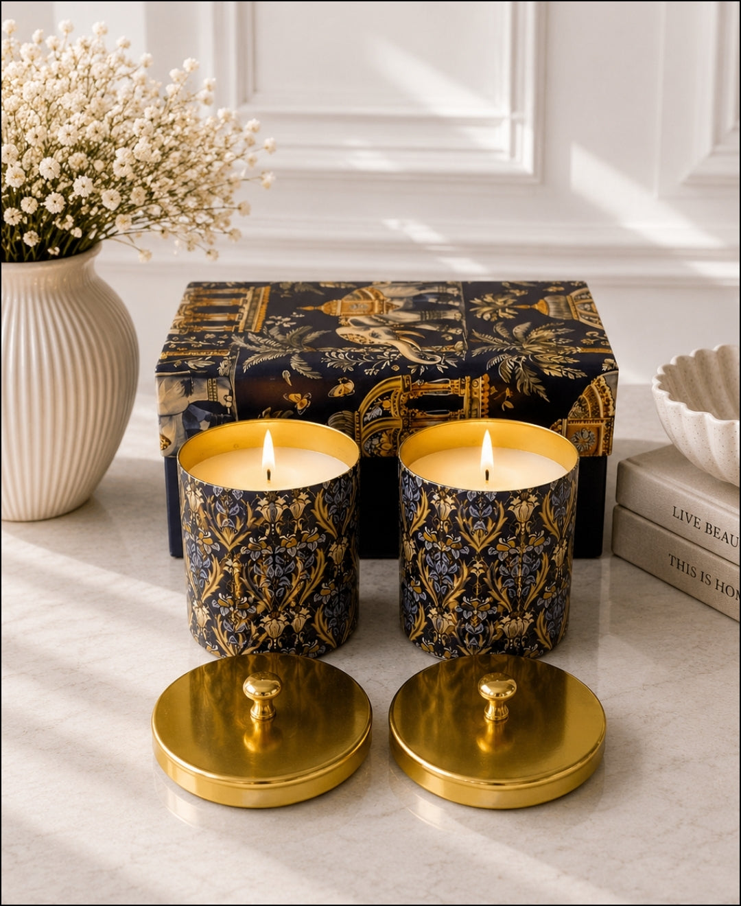 Heritage Golden Lattice Gold Knob Lid Premium Gift Candle – Set of 2