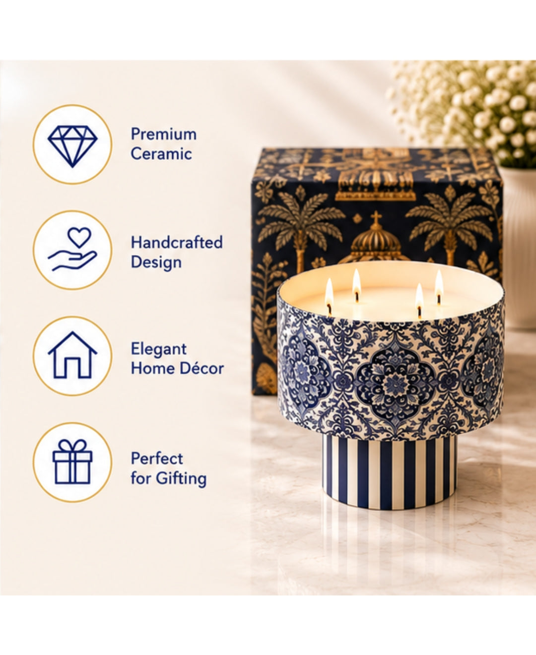 Heritage Indigo Medallion 4-Wick Pedestal Premium Gift Candle