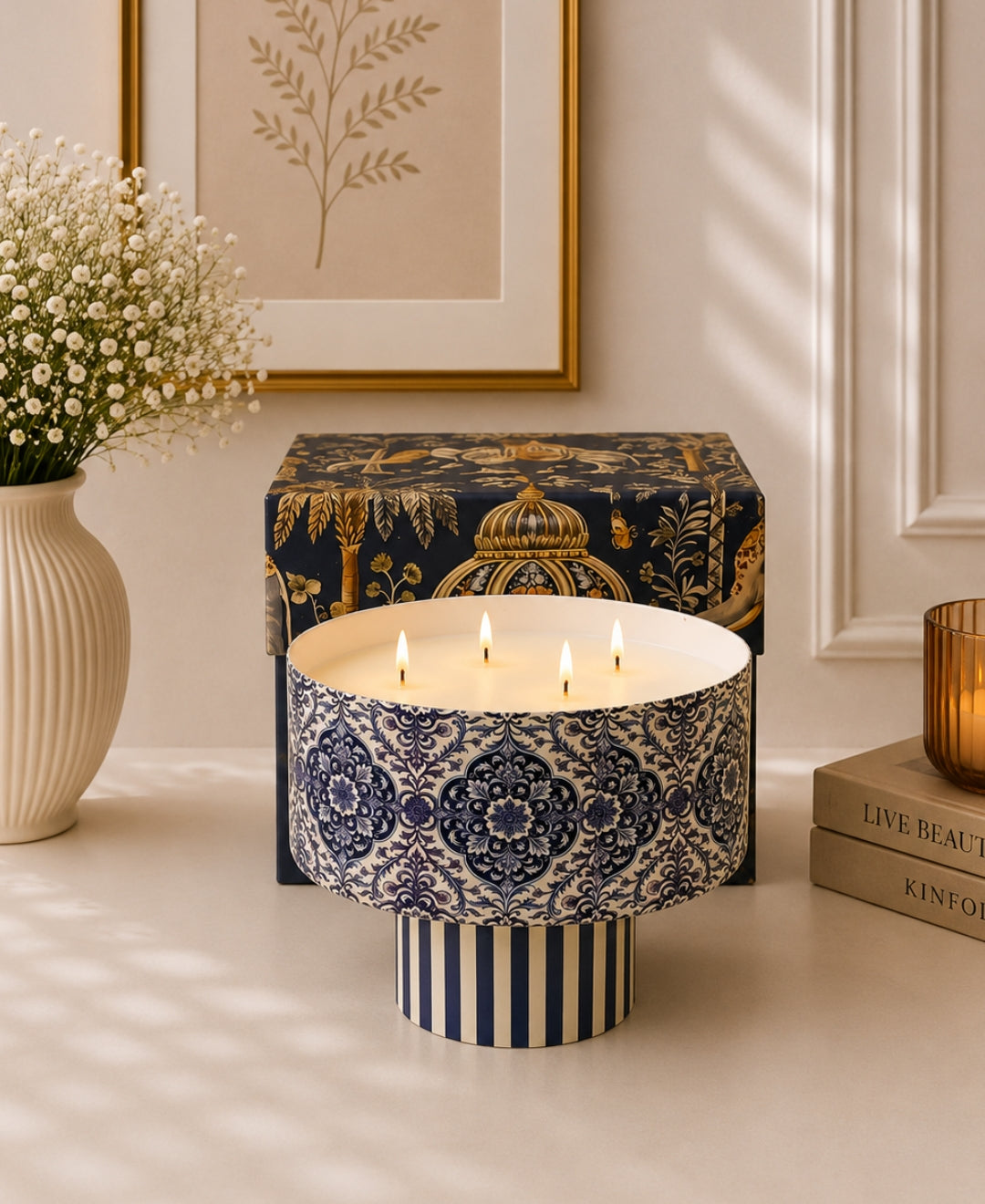 Heritage Indigo Medallion 4-Wick Pedestal Premium Gift Candle