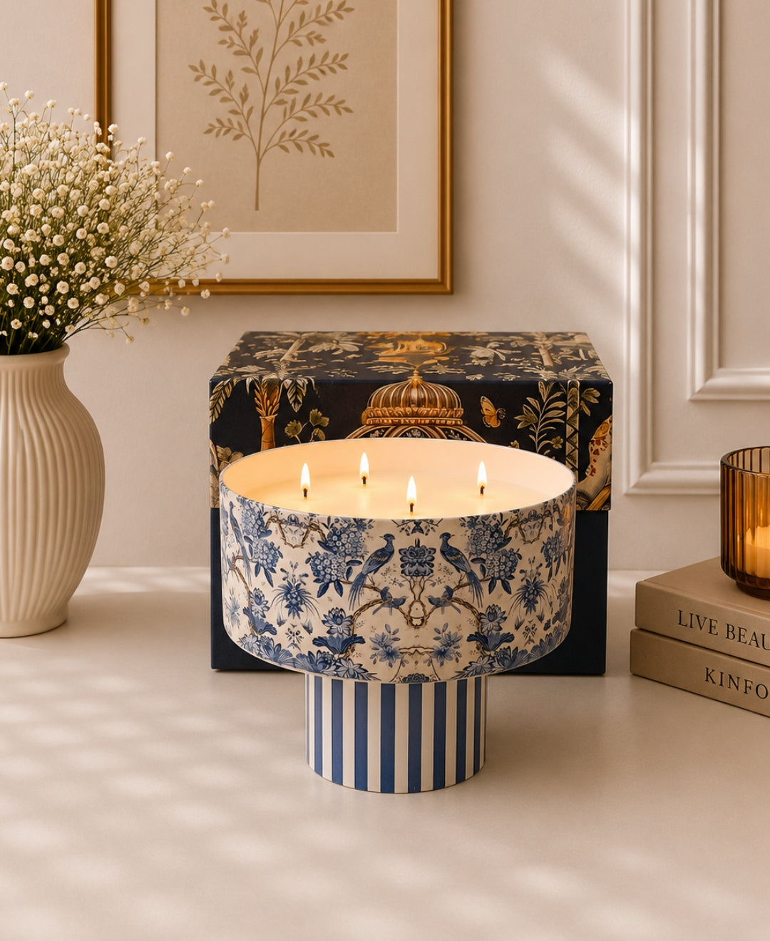Royal Blue Aviary Multi Wick Pedestal Premium Gift Candle