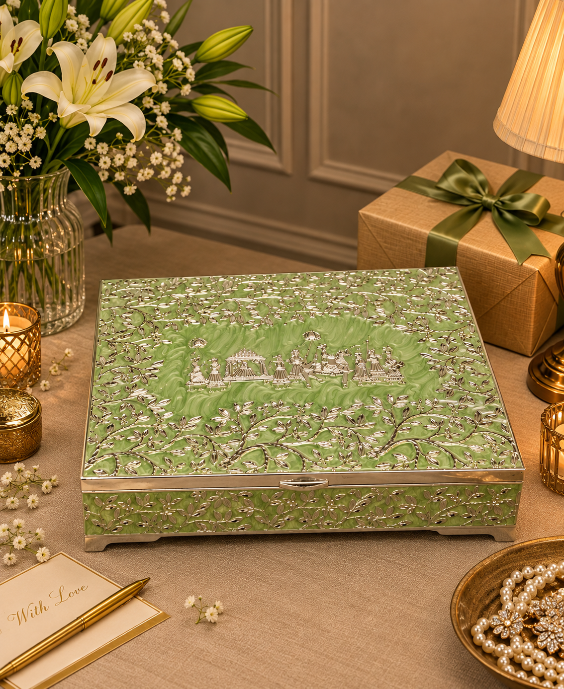 German Silver Gulbahar Baraat Box – Mint Green Enamel