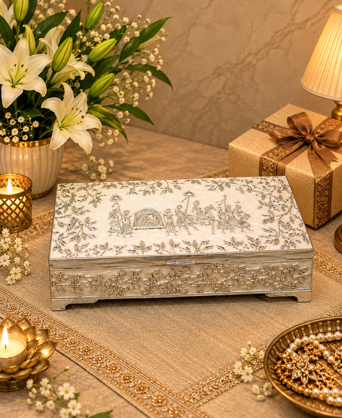 German Silver Royal Procession Box – Pearl White Enamel