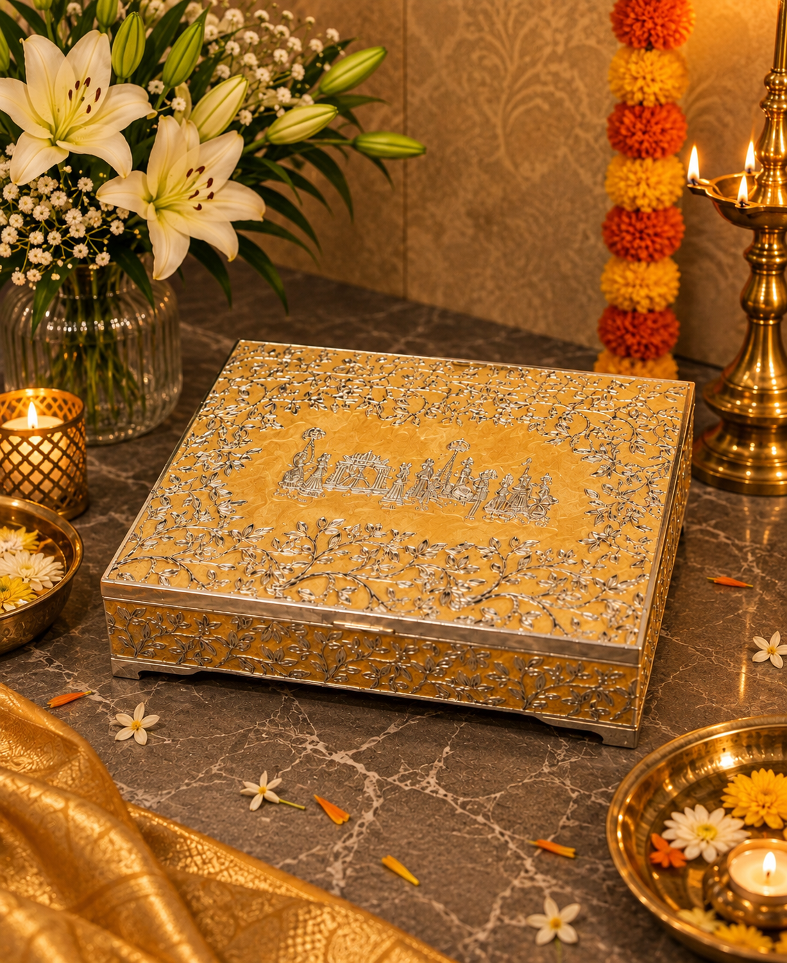 German Silver Gulbahar Baraat Box – Saffron Orange Enamel