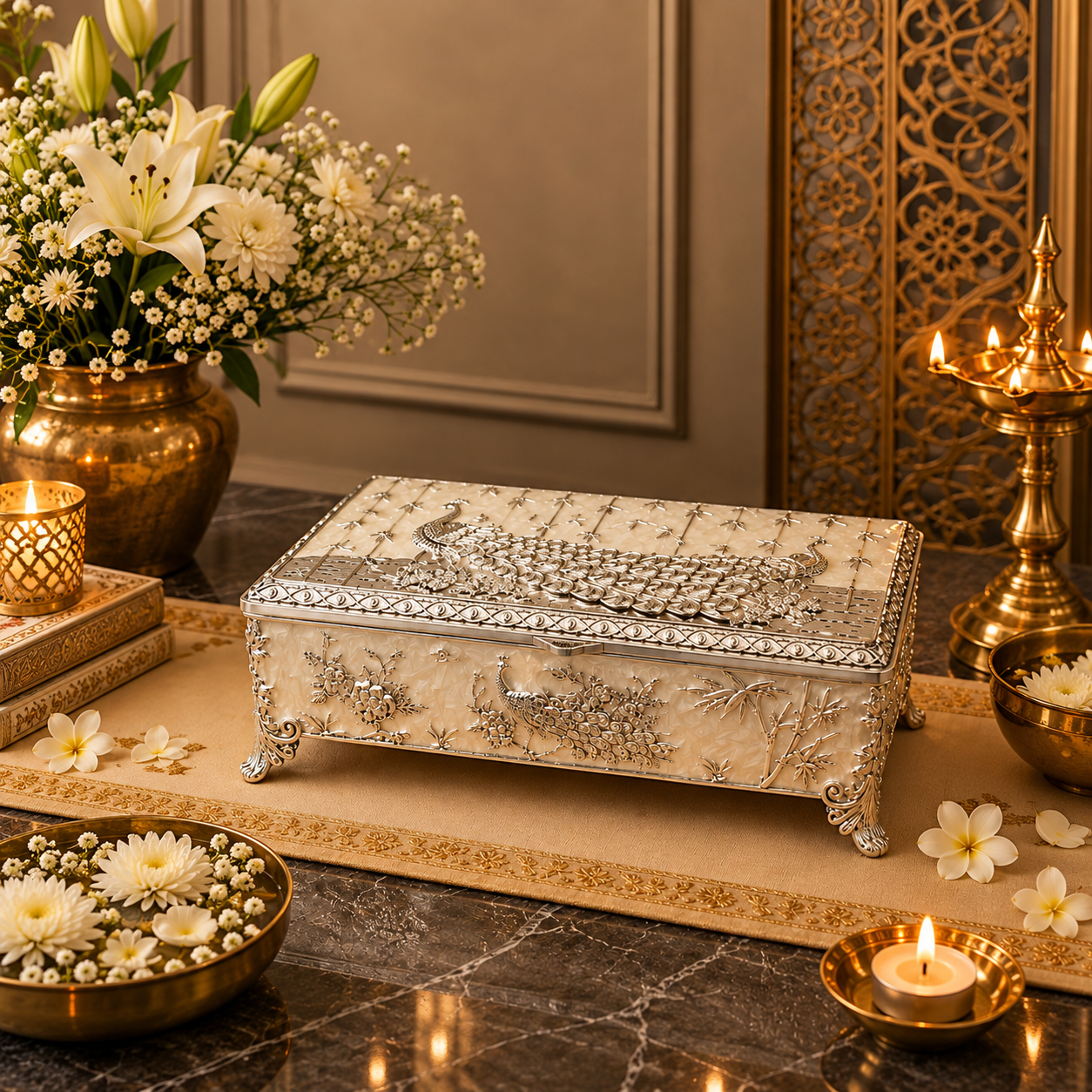 German Silver Shahi Mayur Rectangular Box – Enamel Work (Available in Turquoise Blue, Mint Green, Pearl White & Saffron Orange)