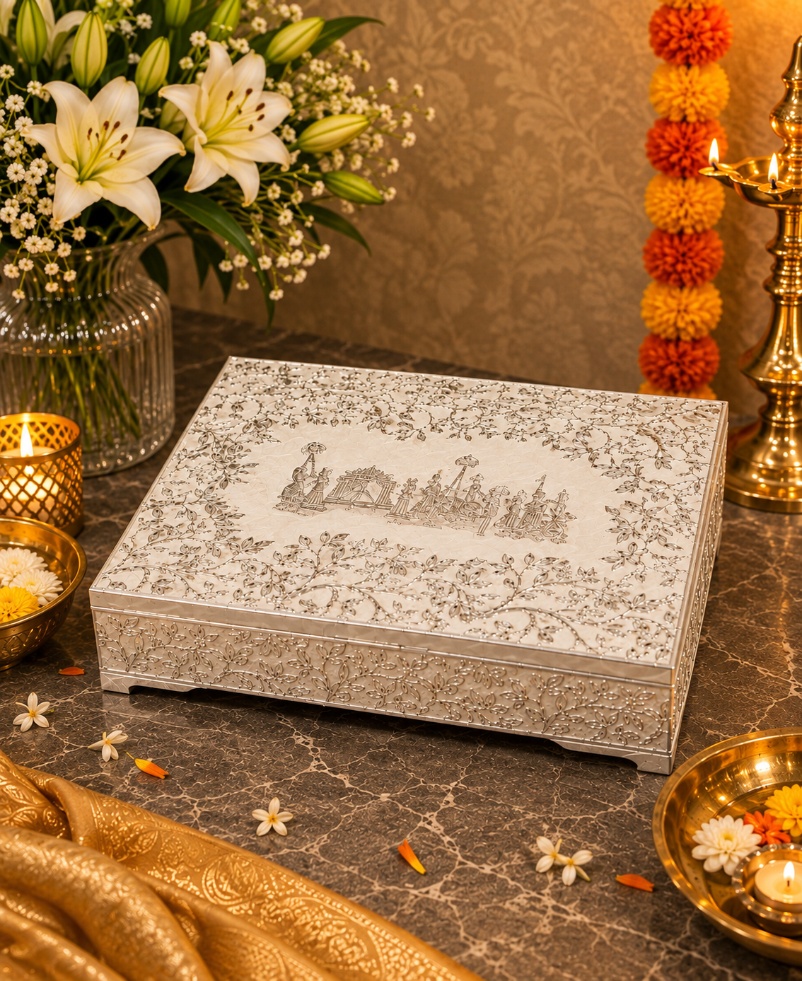 German Silver Gulbahar Baraat Box – Pearl White Enamel
