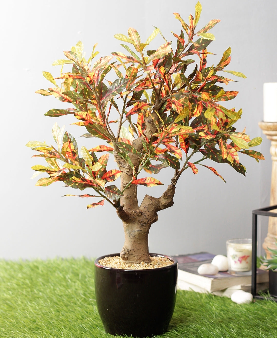 Stunning Artificial Croton Tabletop Plant In Black Ceramic Pot