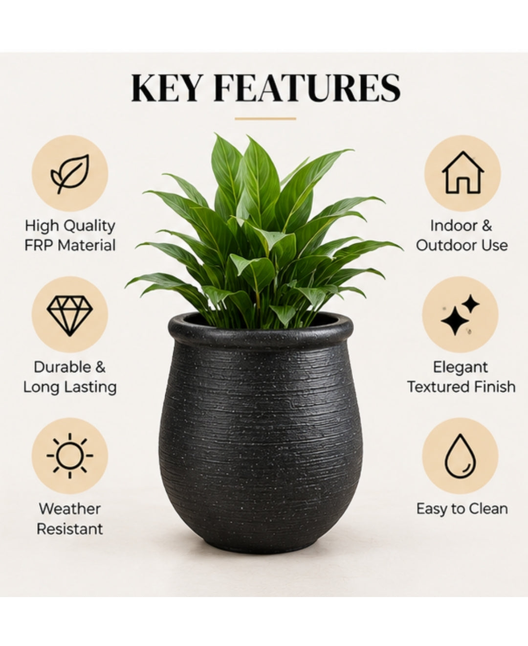 Modern Textured Black Round Decorative Medium Planter