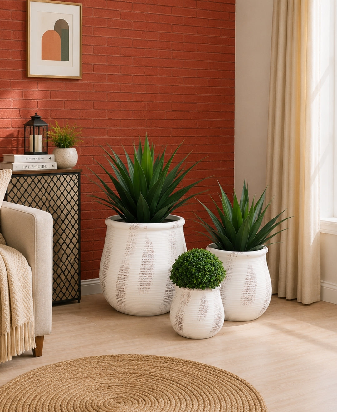 Modern Textured Ivory Round Decorative Large Planter