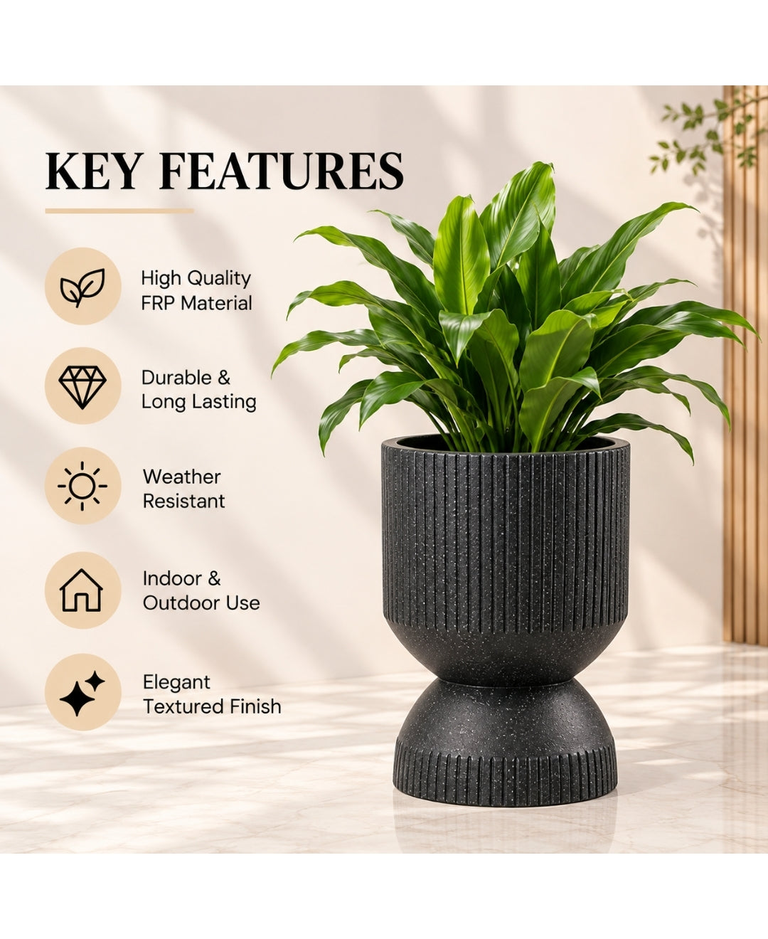 Ribbed Black Hourglass Modern Large Planter