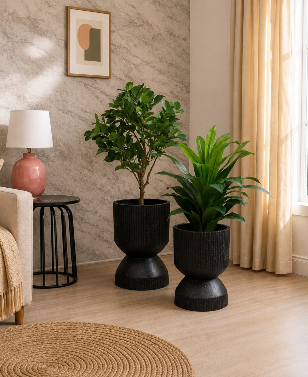 Ribbed Black Hourglass Modern Large Planter