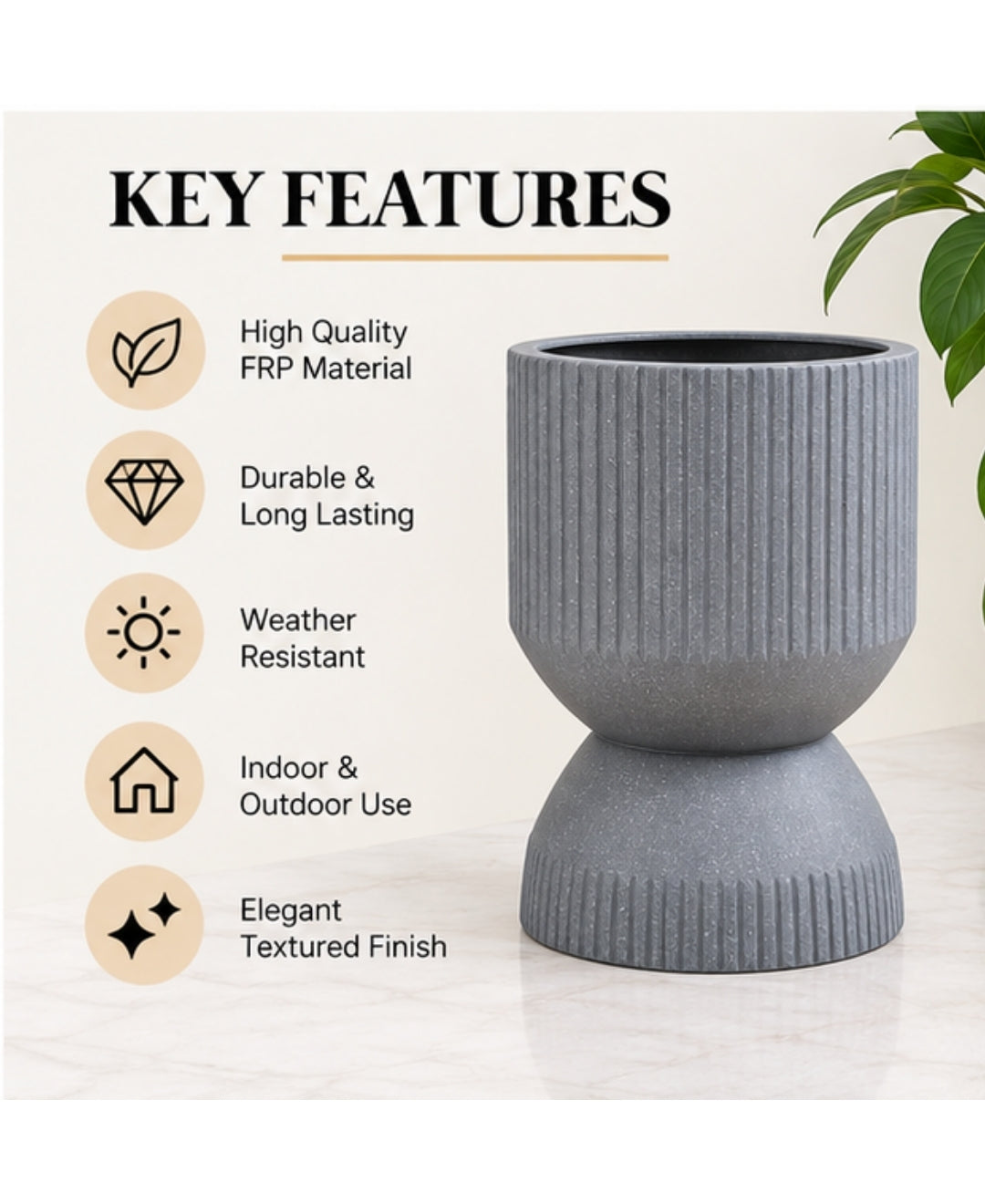 Ribbed Grey Hourglass Small Planter