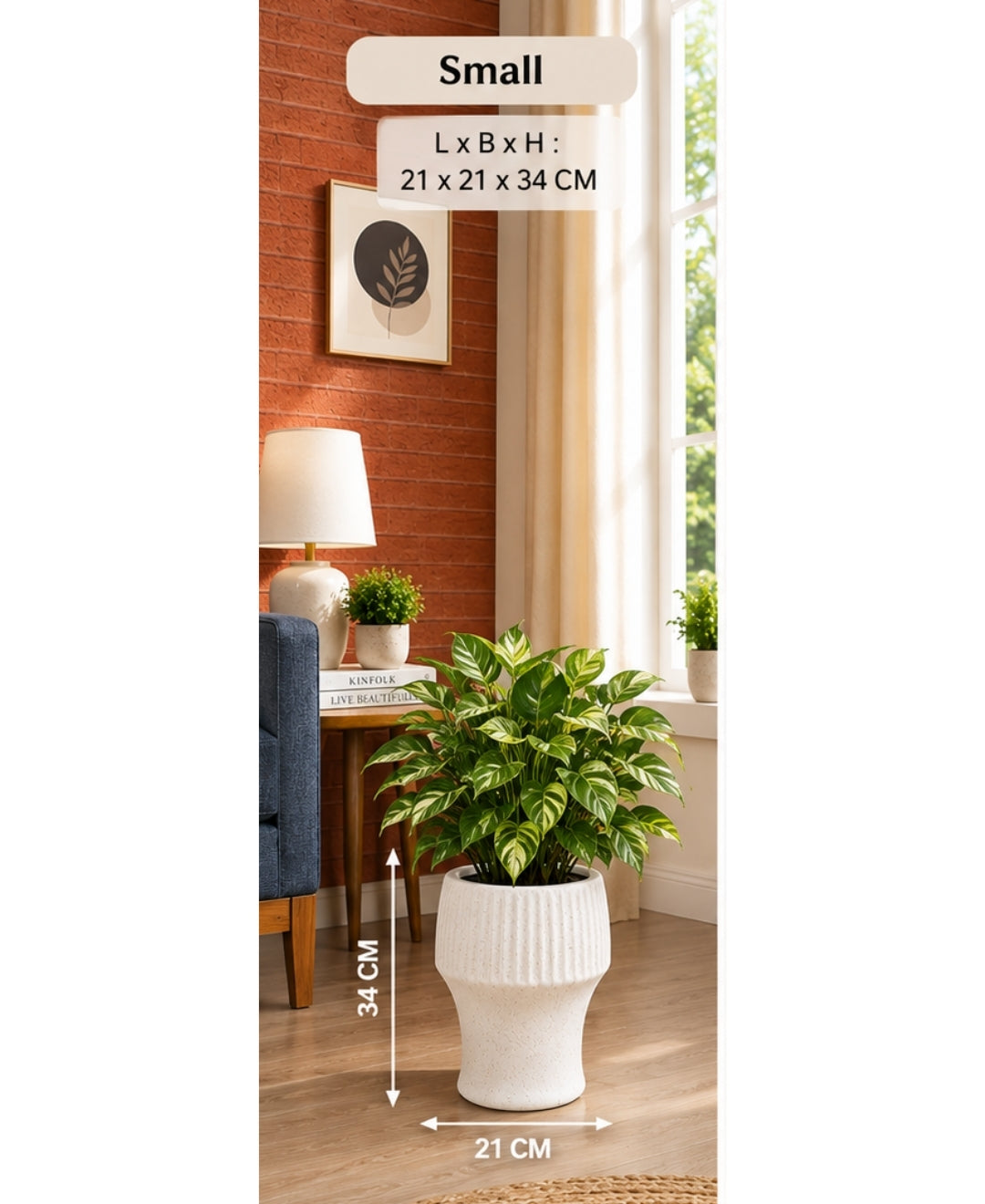 Ribbed Ivory Pedestal Stone‑Finish Small Planter