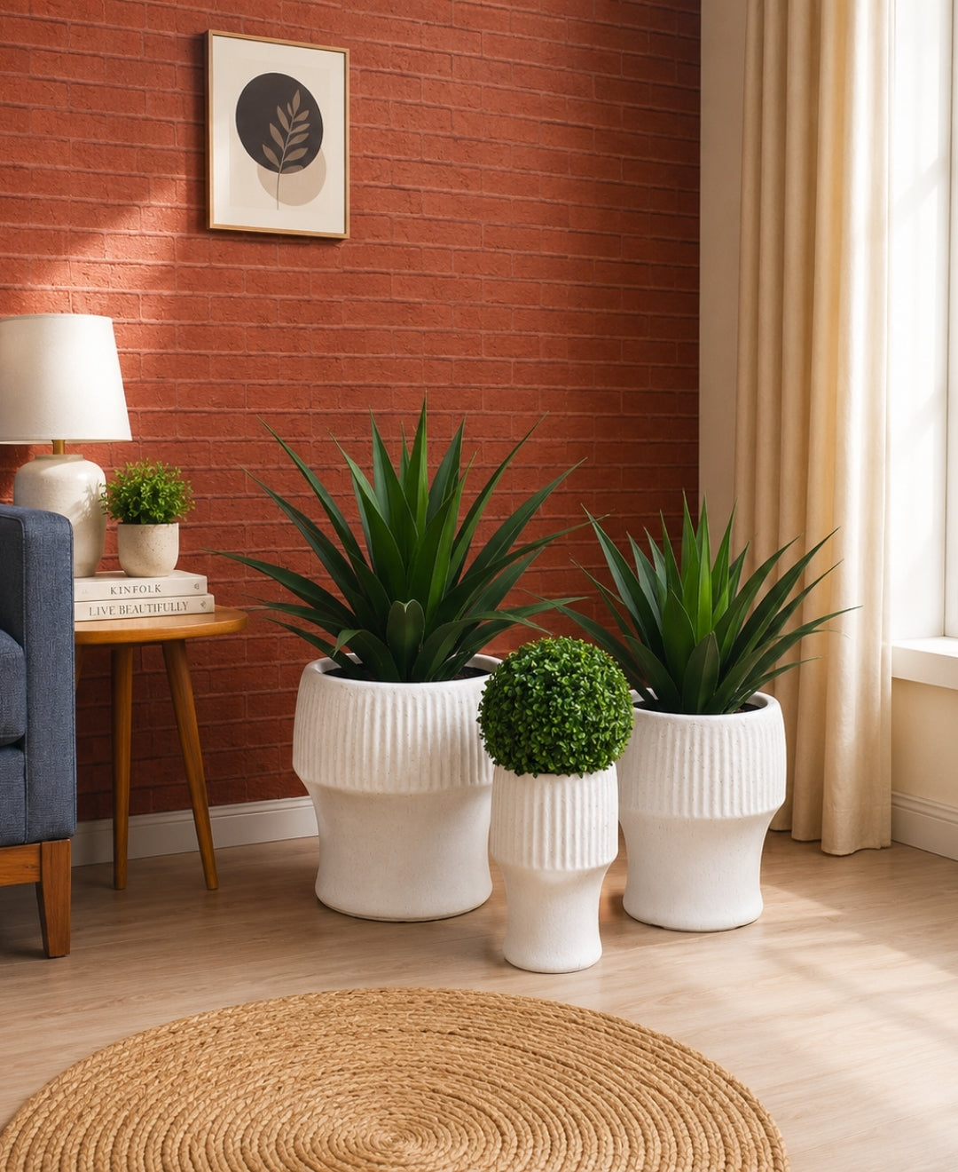 Ribbed Grey Pedestal Large Planter
