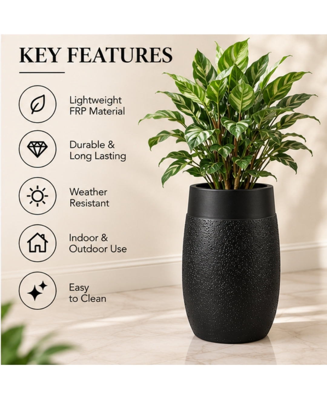 Matte Black Stone‑Finish Cylindrical Medium Planter