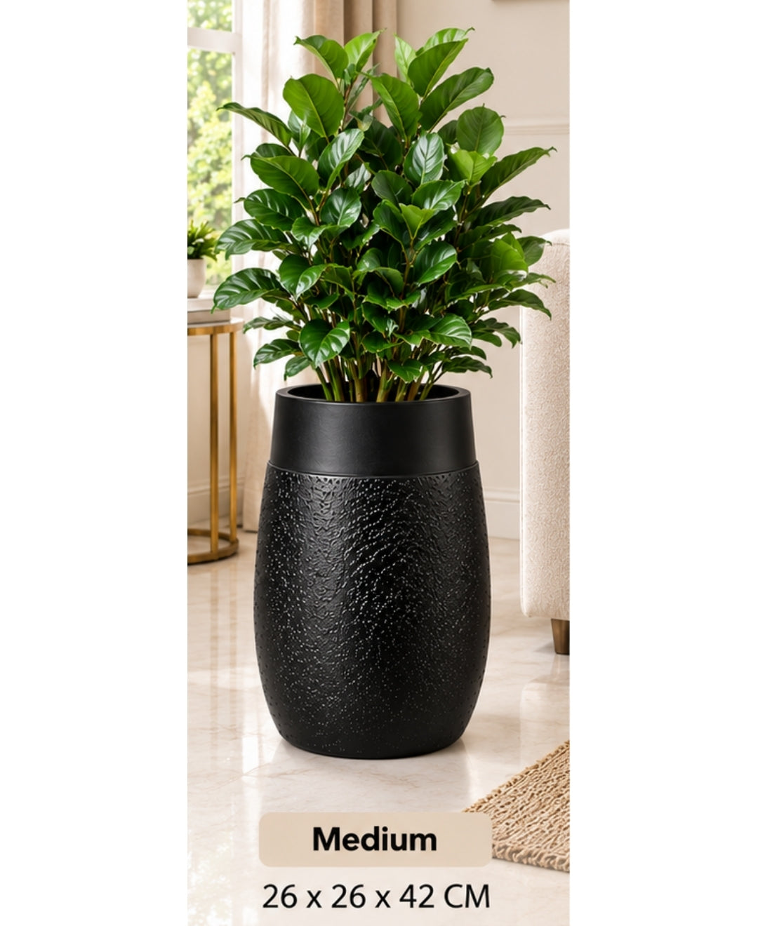 Matte Black Stone‑Finish Cylindrical Medium Planter