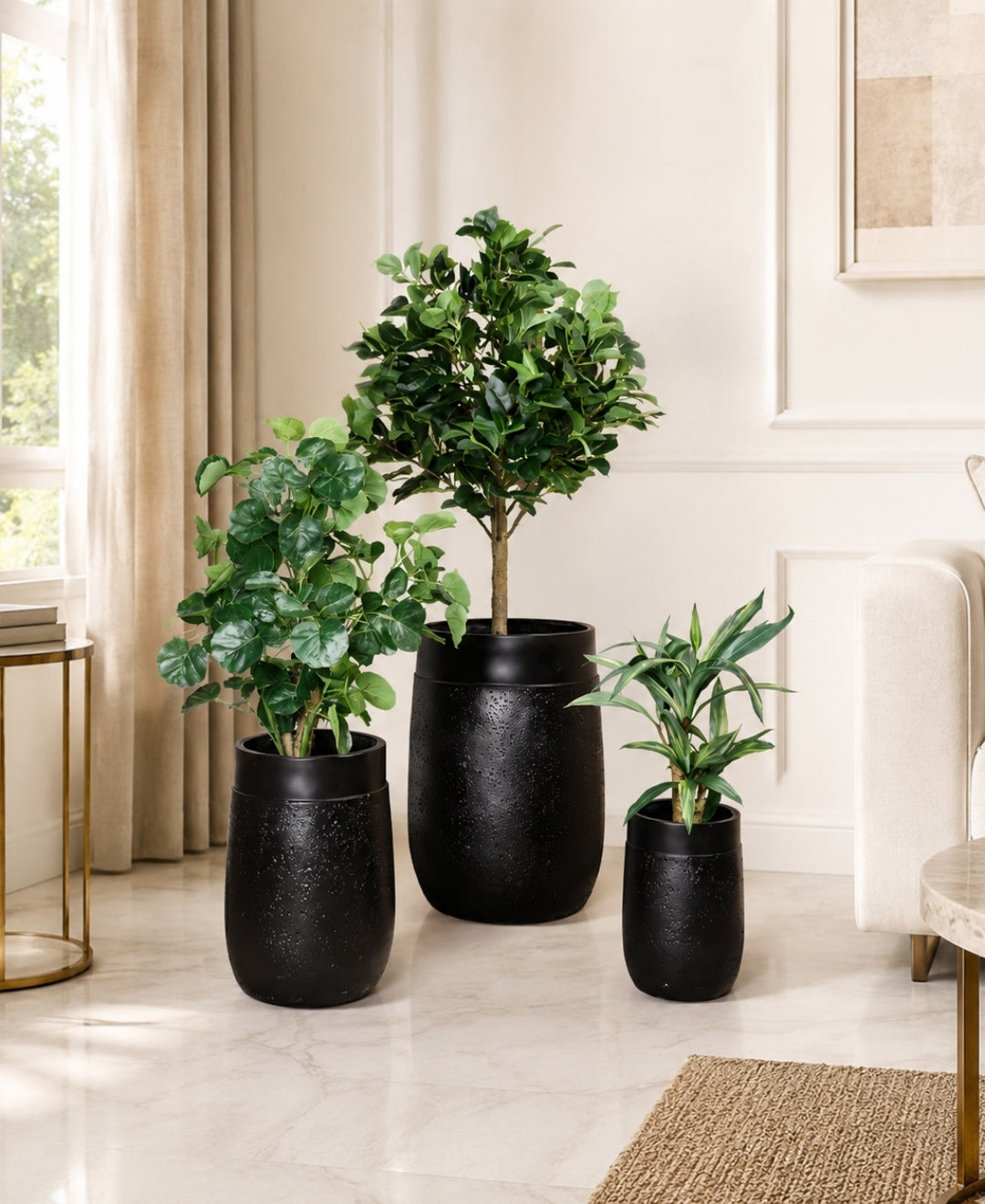 Matte Black Stone‑Finish Cylindrical Medium Planter