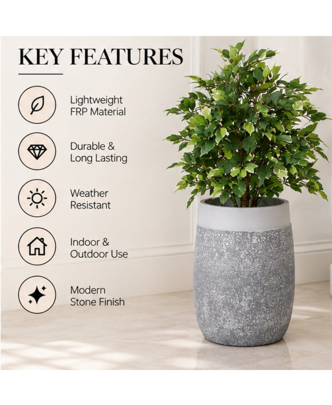 Grey Pebble‑Texture Stone‑Finish Large Planter