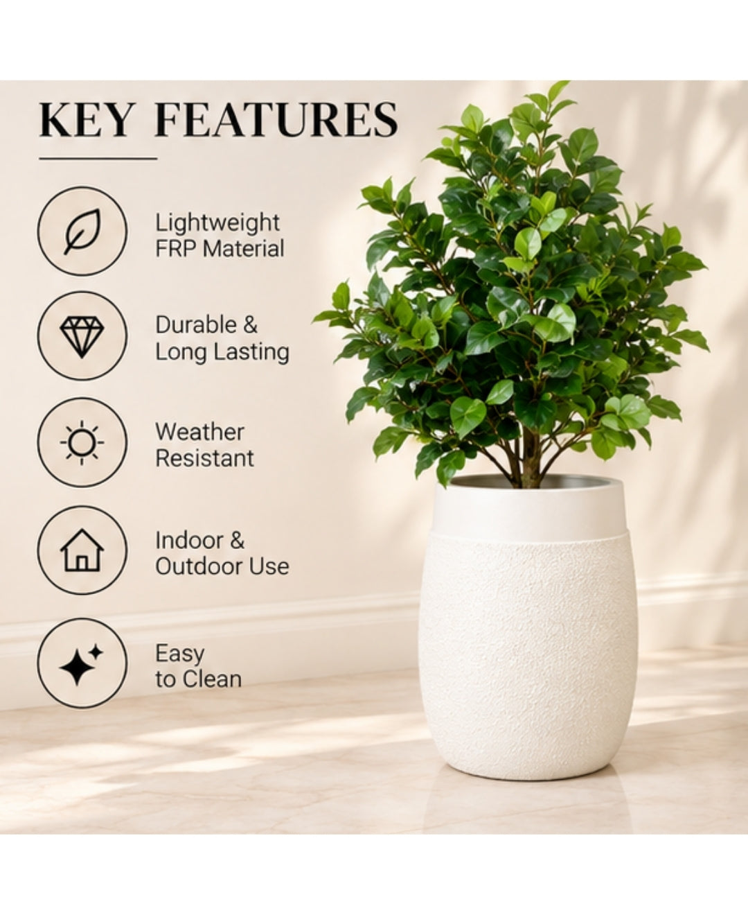 Ivory Pebble‑Texture Cylindrical Stone‑Finish Large Planter