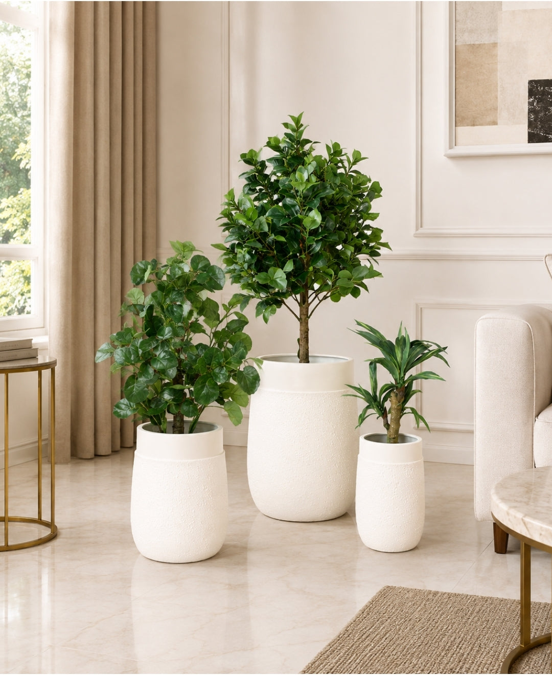 Ivory Pebble‑Texture Cylindrical Stone‑Finish Large Planter