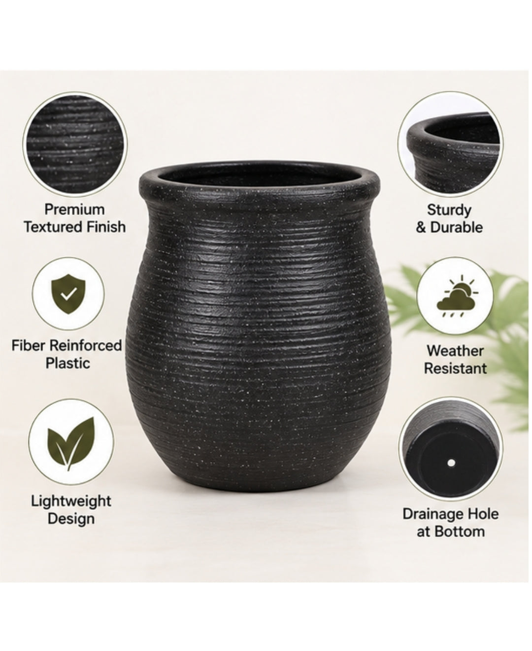 Classic Black Urn Style Decorative Medium Planter