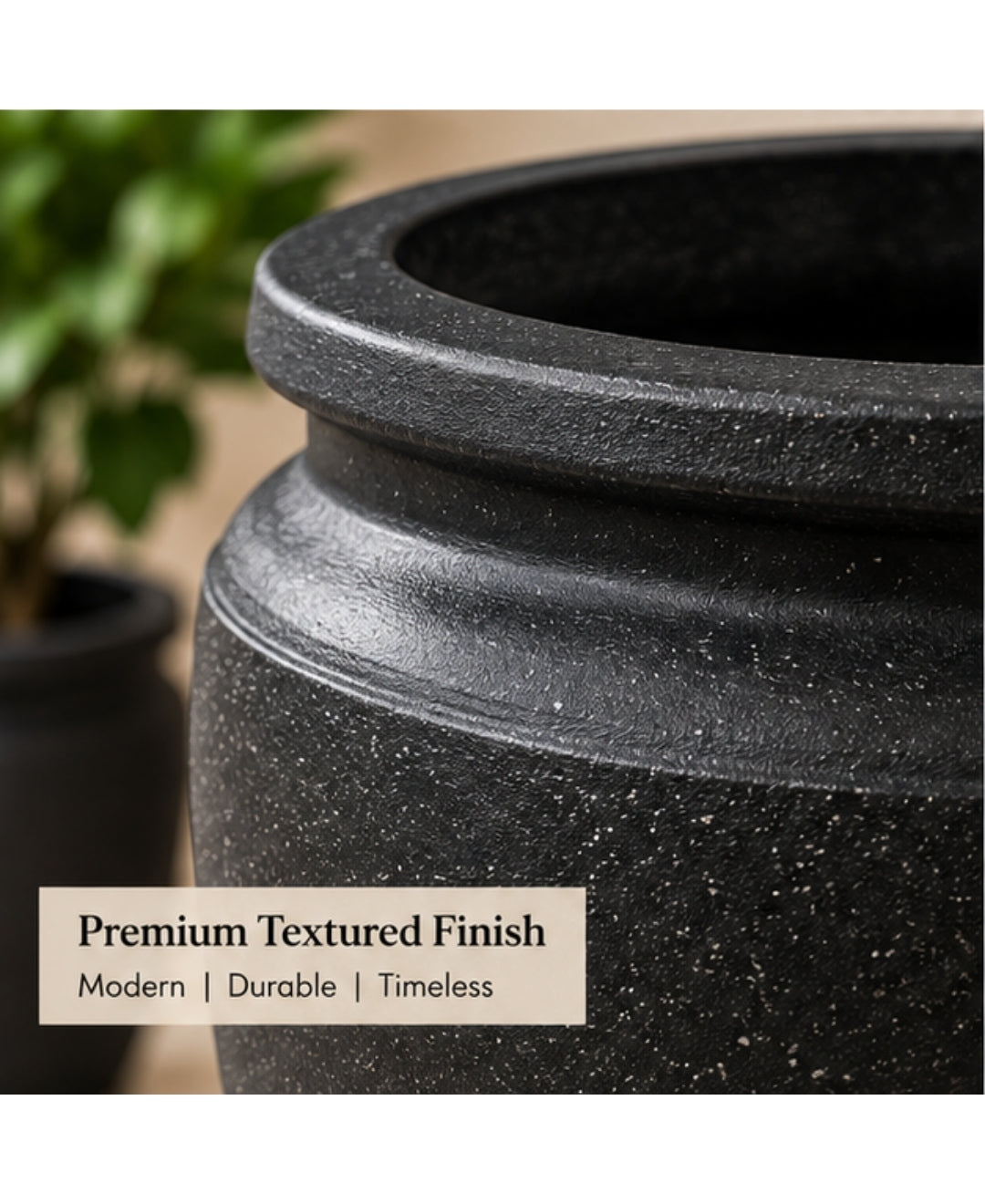 Classic Black Wide‑Rim Stone Finish Medium Planter