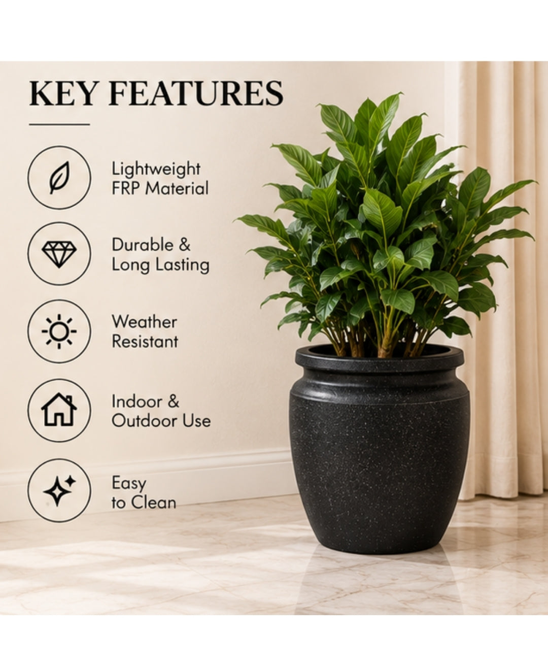 Classic Black Wide‑Rim Stone Finish Small Planter