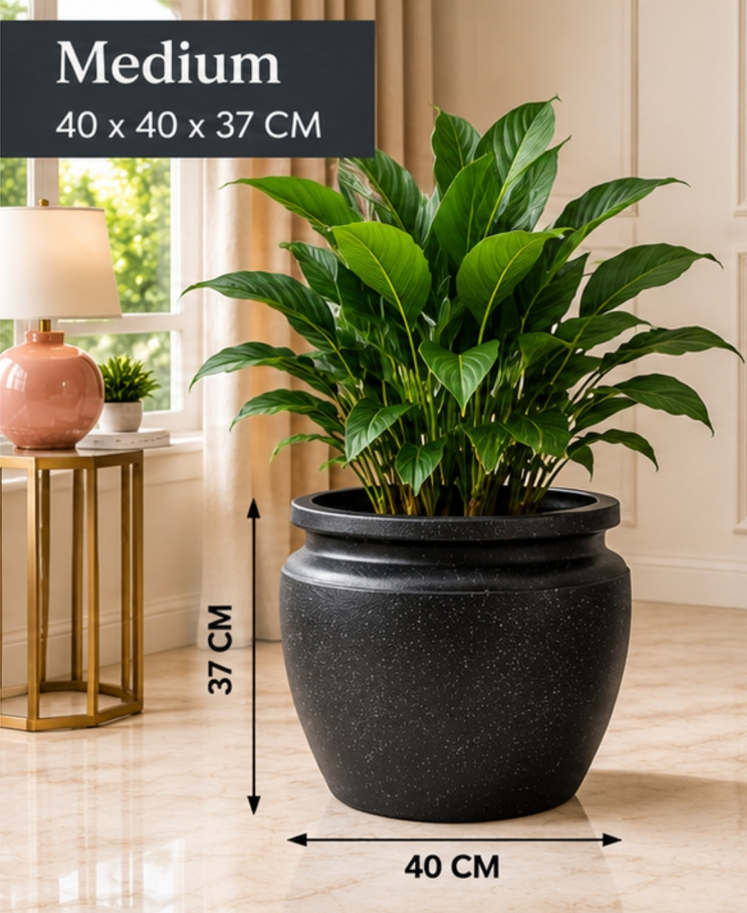 Classic Black Wide‑Rim Stone Finish Medium Planter