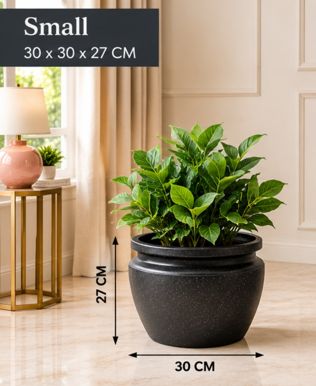 Classic Black Wide‑Rim Stone Finish Small Planter