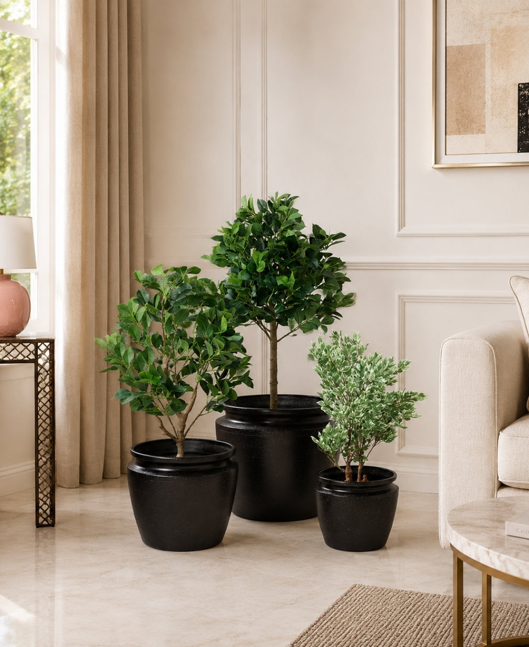 Classic Black Wide‑Rim Stone Finish Small Planter