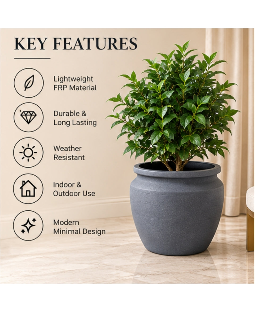 Classic Grey Planter with Wide Rim Large Planter