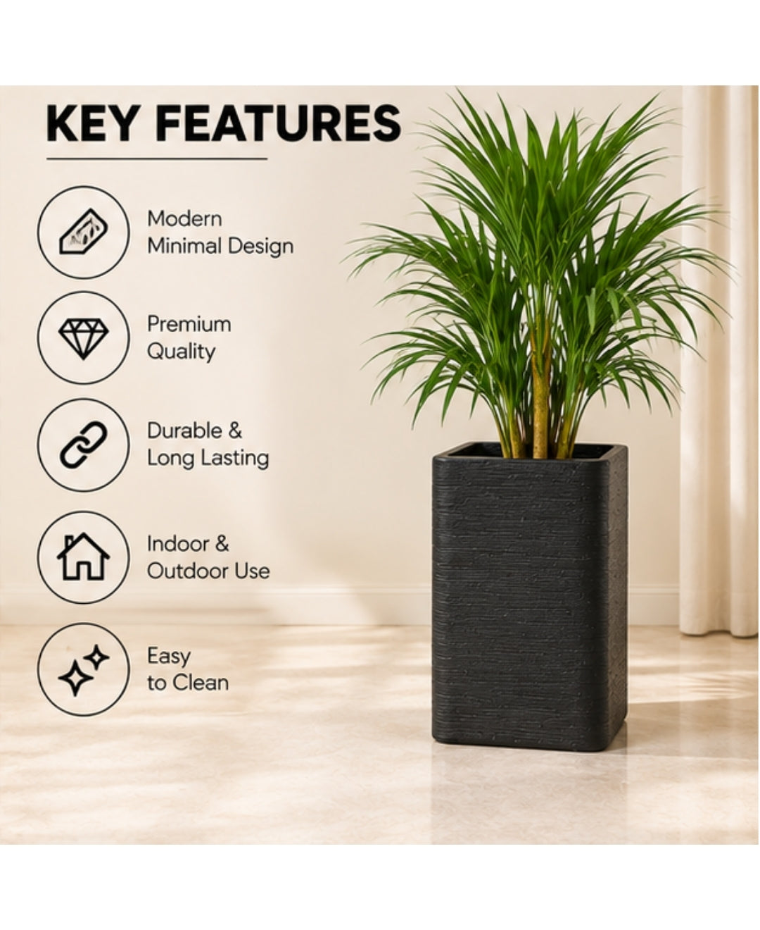 Tall Black Rectangular Stone‑Finish Medium Planter