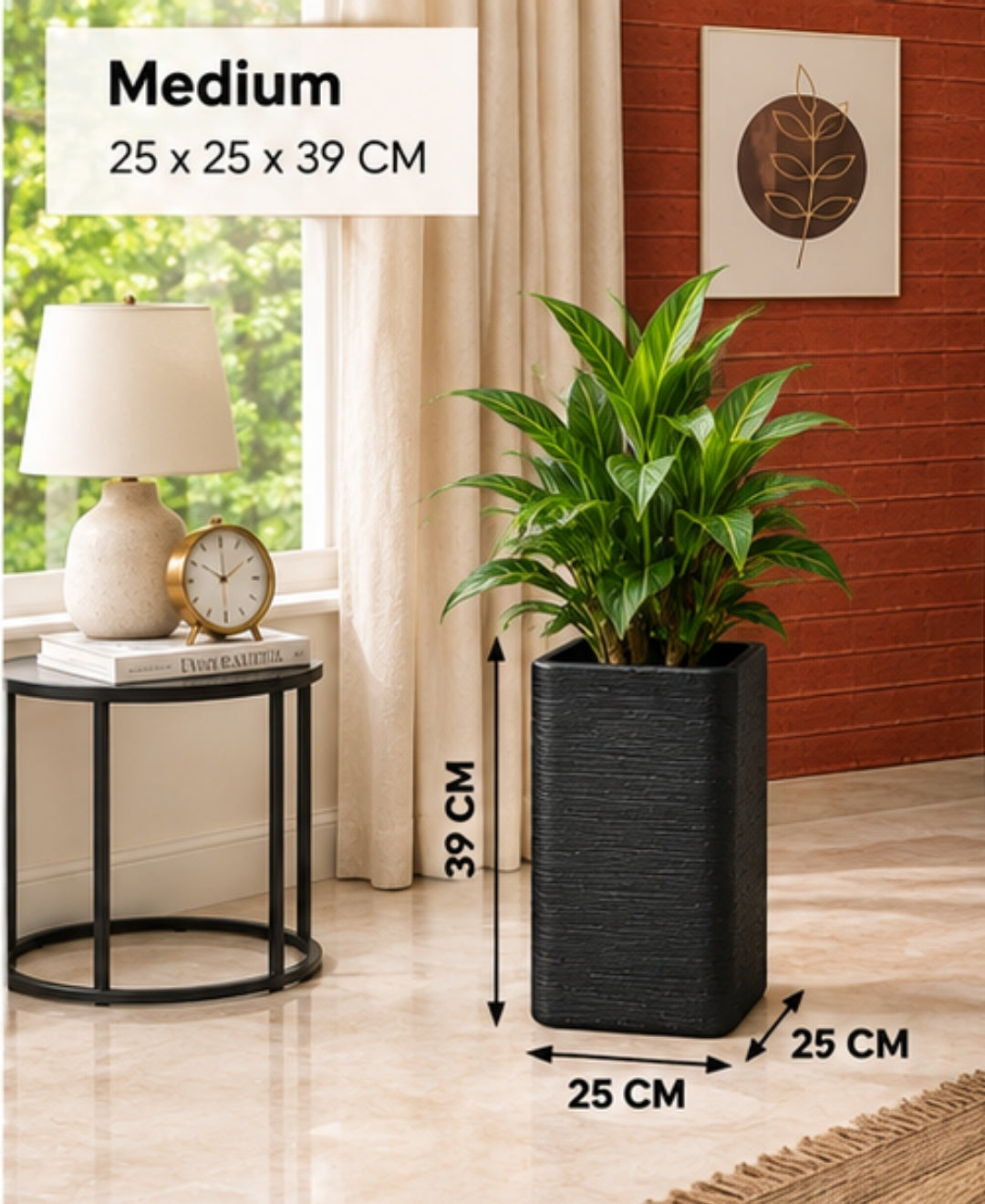 Tall Black Rectangular Stone‑Finish Medium Planter
