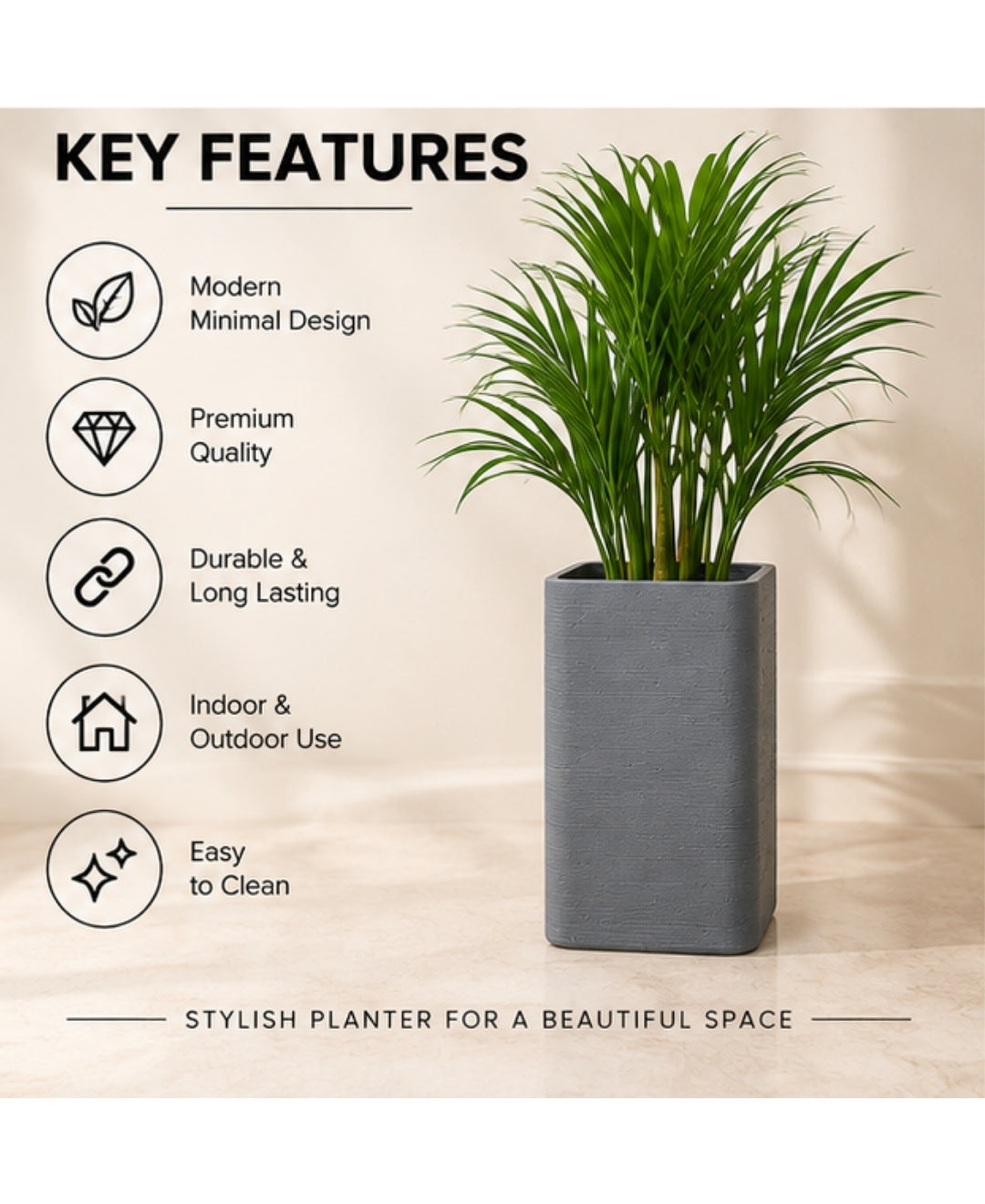 Tall Grey Rectangular Stone‑Finish Small Planter