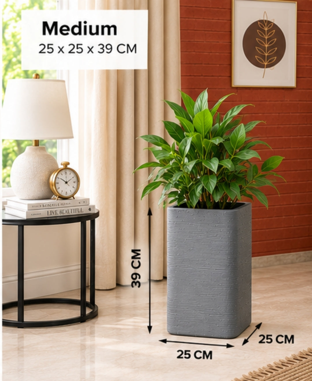 Tall Grey Rectangular Stone‑Finish Medium Planter