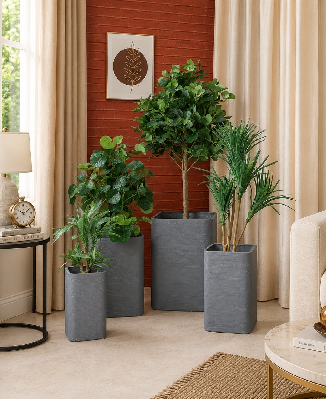 Tall Grey Rectangular Stone‑Finish Medium Planter