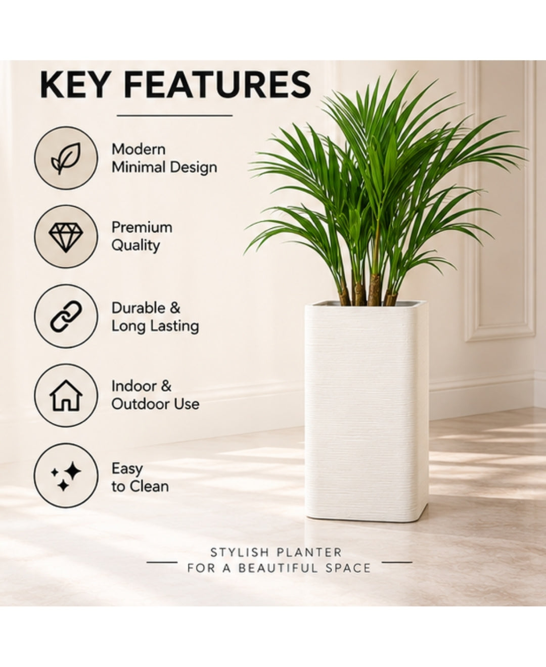 Tall Ivory Rectangular Stone‑Finish Small Planter