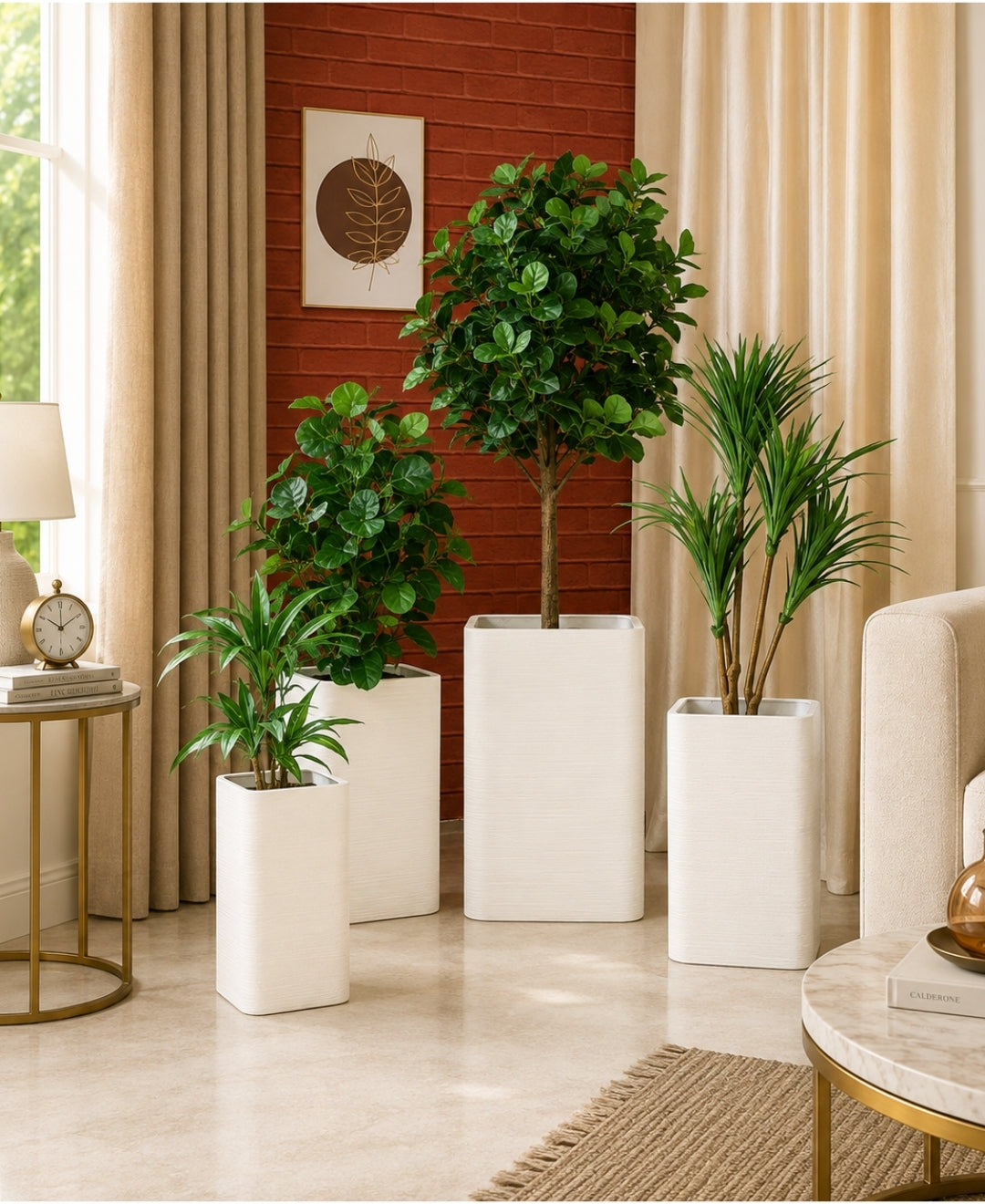 Tall Ivory Rectangular Stone‑Finish Large Planter