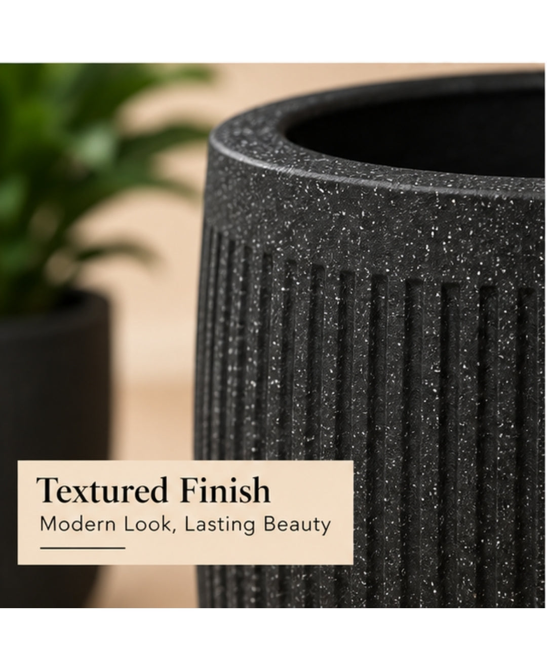 Ribbed Black Cylindrical Stone‑Finish Small Planter