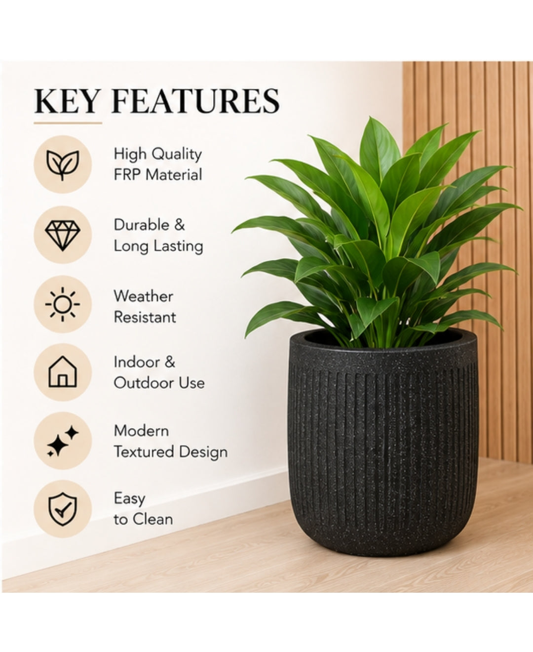 Ribbed Black Cylindrical Stone‑Finish Large Planter