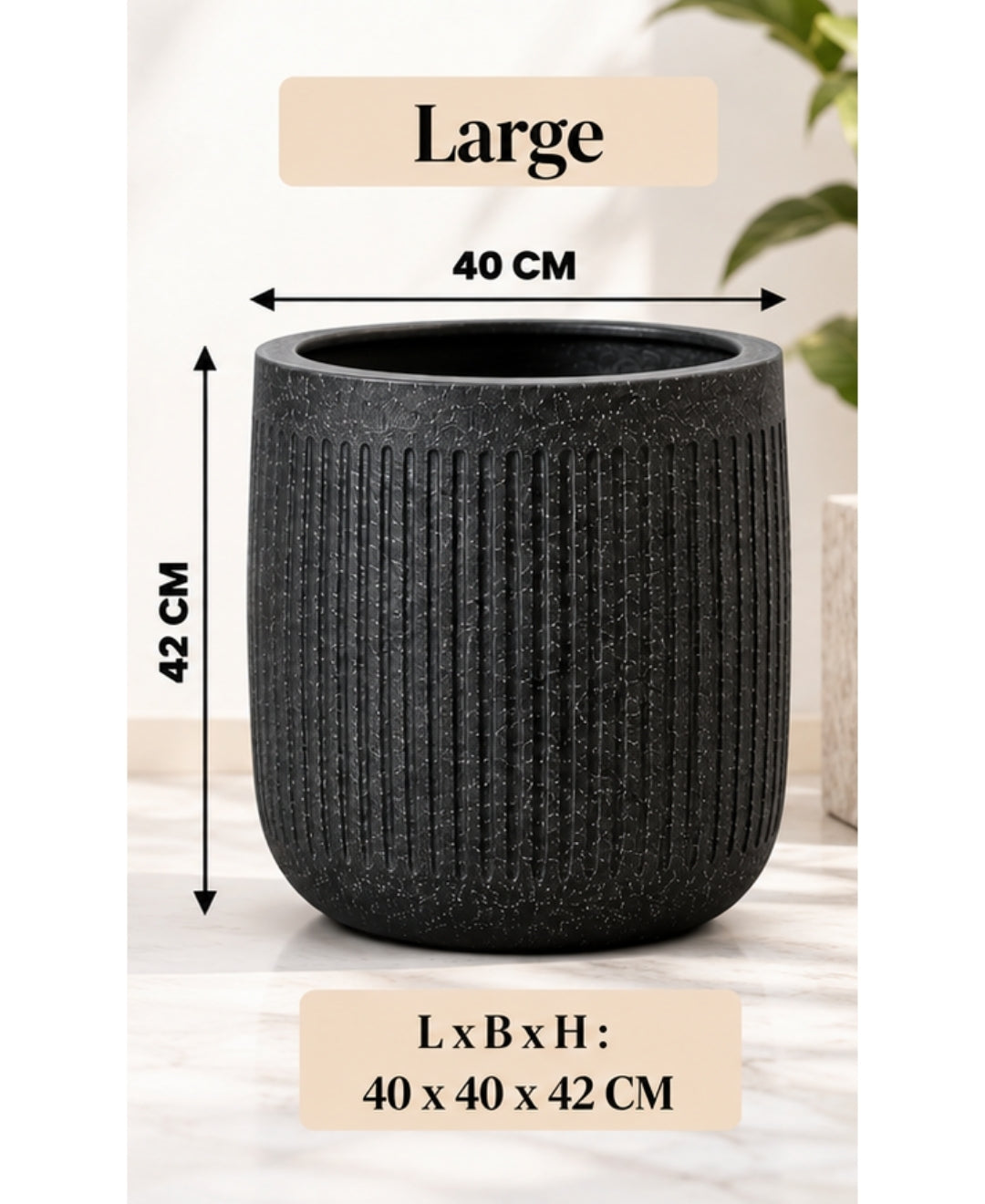 Ribbed Black Cylindrical Stone‑Finish Large Planter