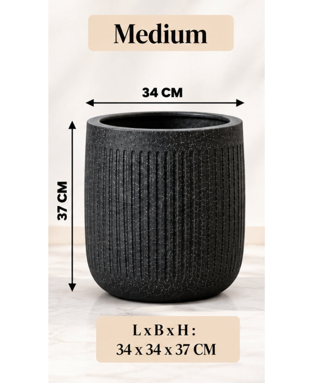 Ribbed Black Cylindrical Stone‑Finish Medium Planter