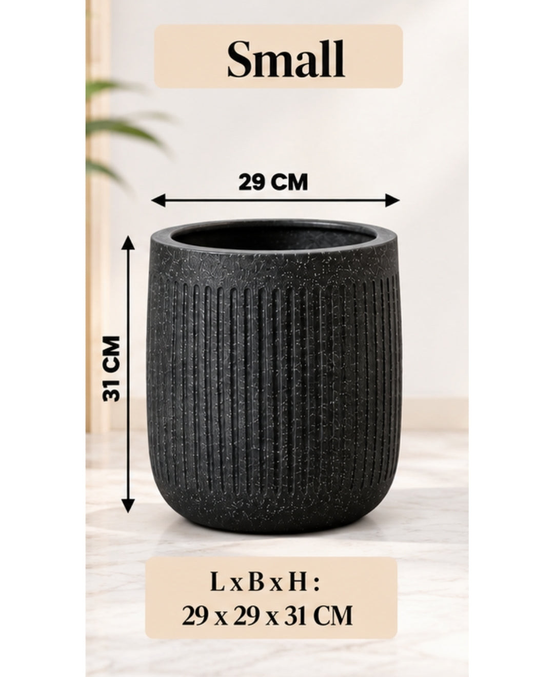 Ribbed Black Cylindrical Stone‑Finish Small Planter