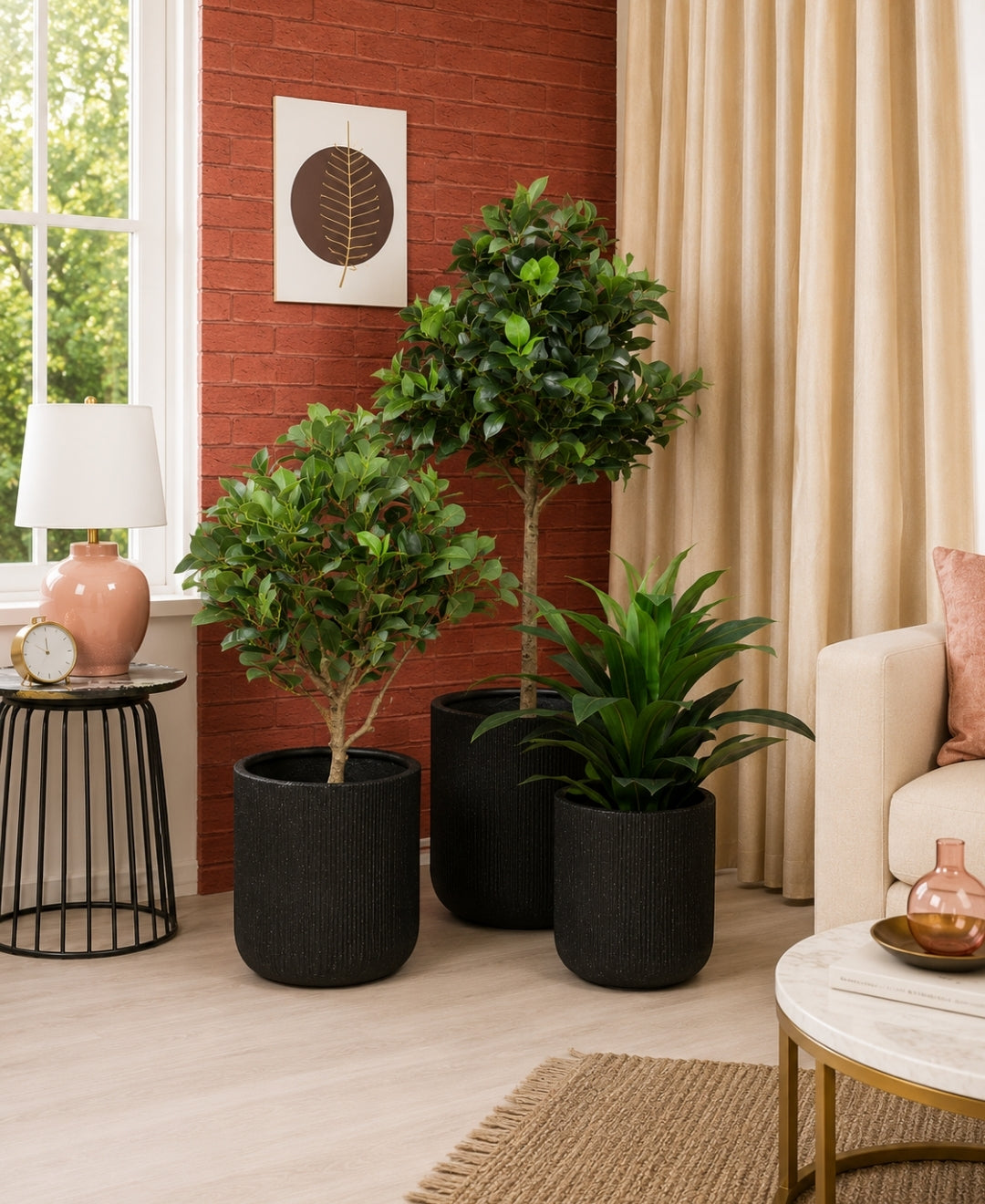 Ribbed Black Cylindrical Stone‑Finish Small Planter