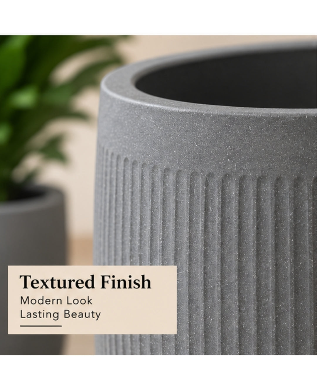 Ribbed Grey Cylindrical Stone‑Finish Small Planter