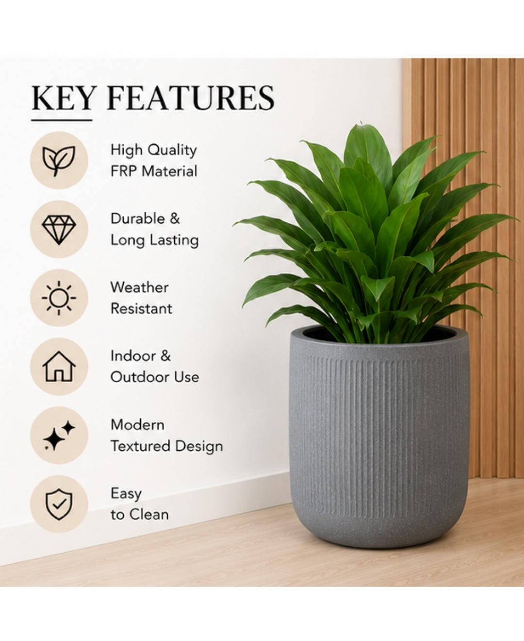 Ribbed Grey Cylindrical Stone‑Finish Small Planter