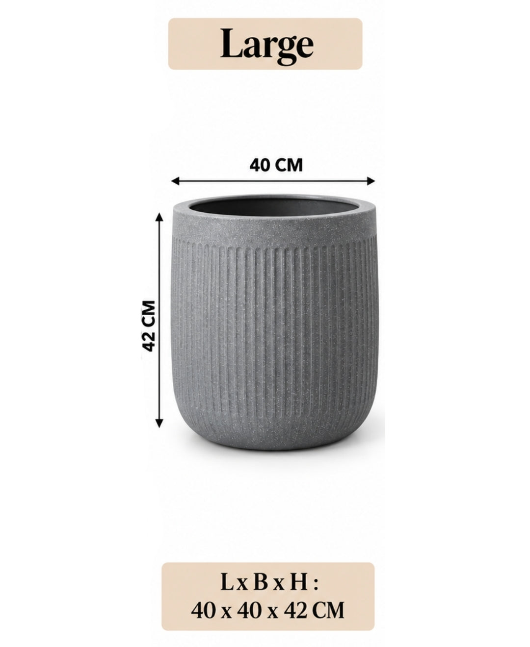 Ribbed Grey Cylindrical Stone‑Finish Large Planter
