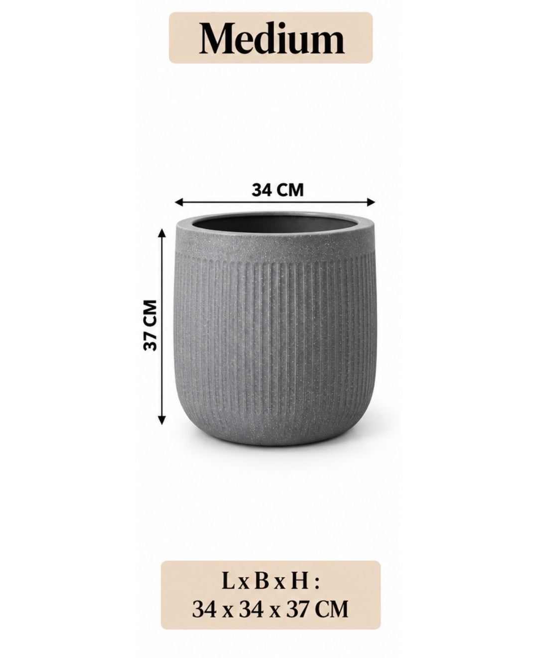 Ribbed Grey Cylindrical Stone‑Finish Medium Planter
