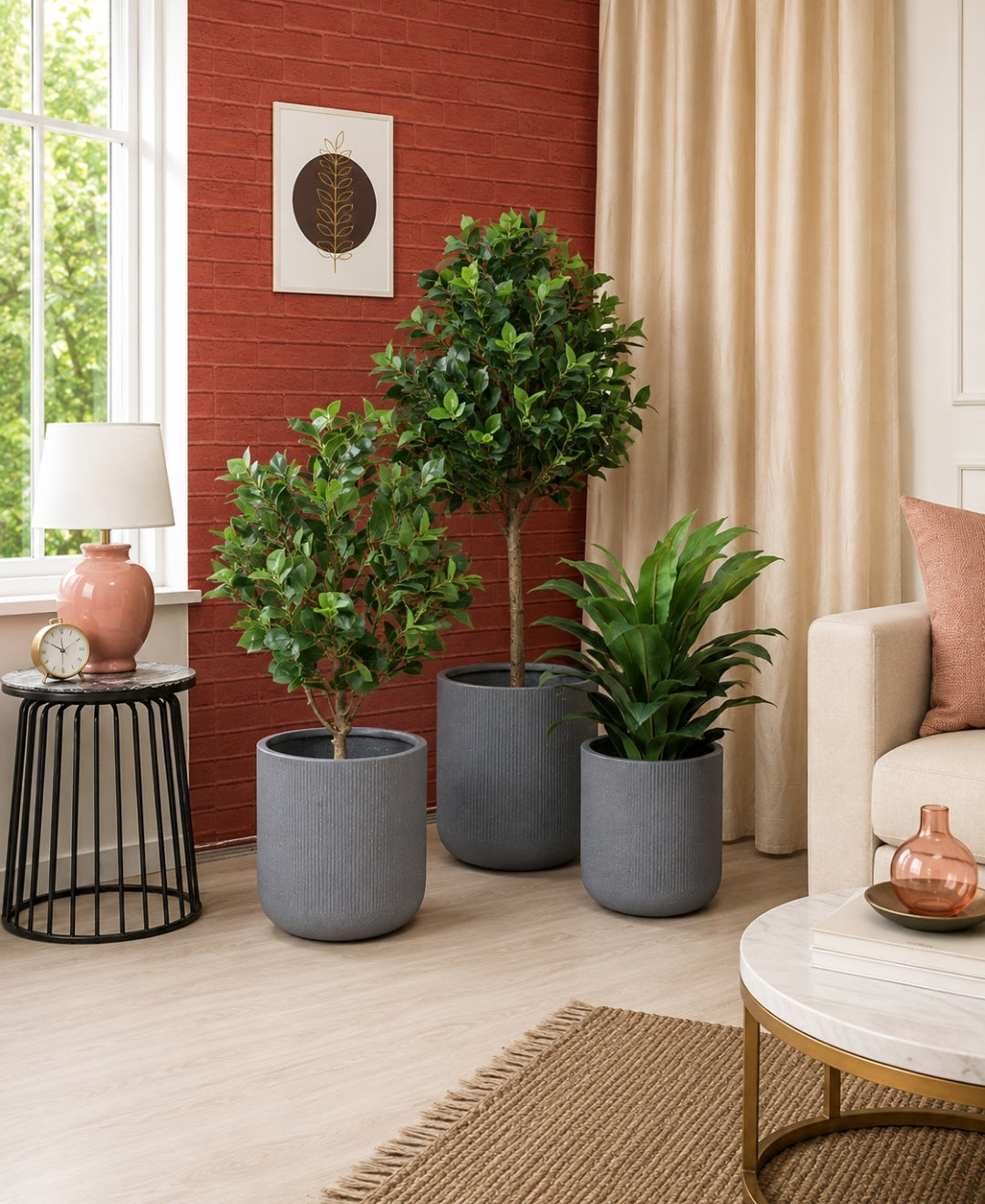 Ribbed Grey Cylindrical Stone‑Finish Small Planter