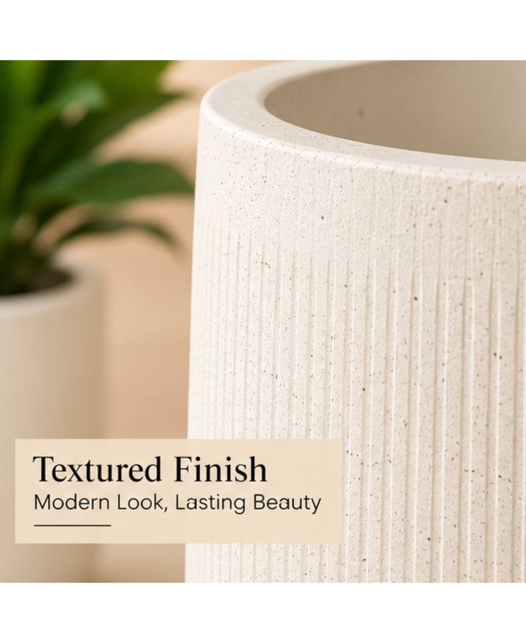 Ribbed Ivory Cylindrical Stone‑Finish Large Planter